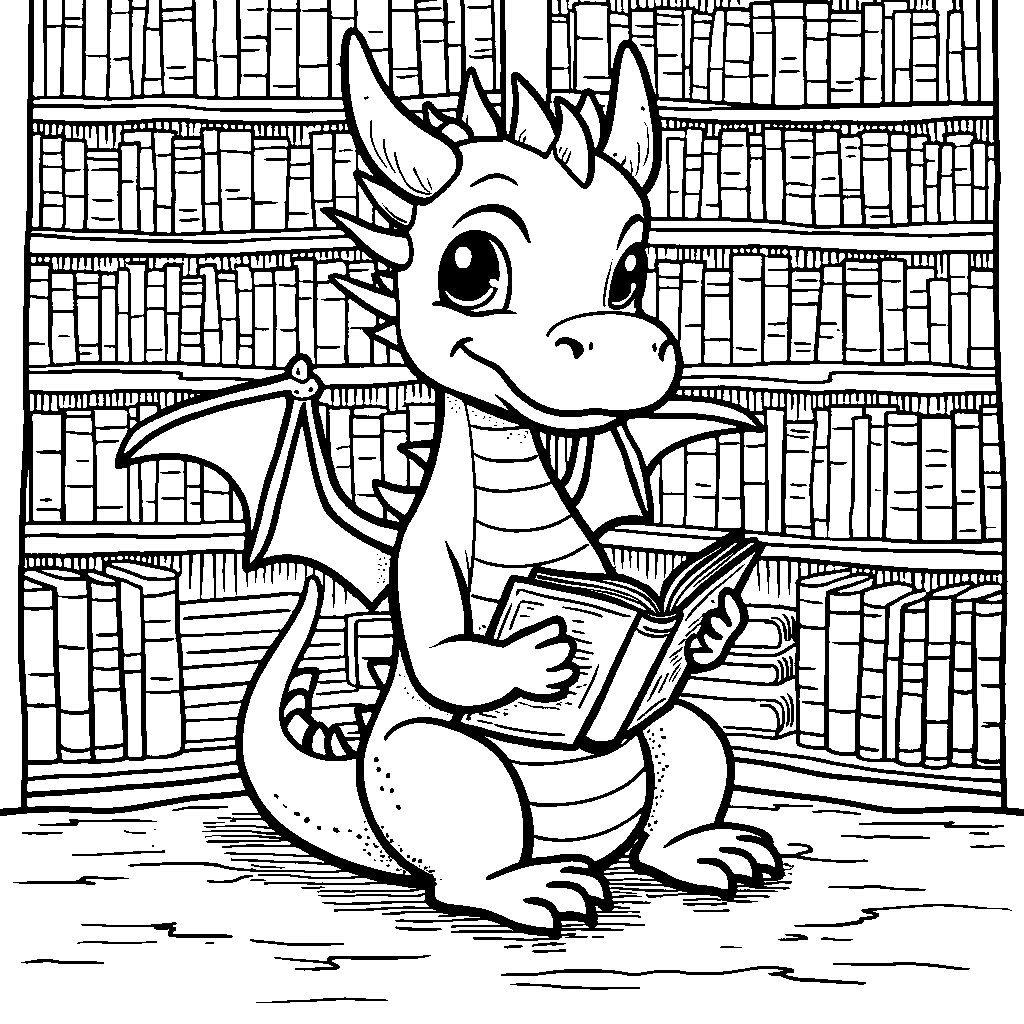 A dragon, reading a book, with a library background