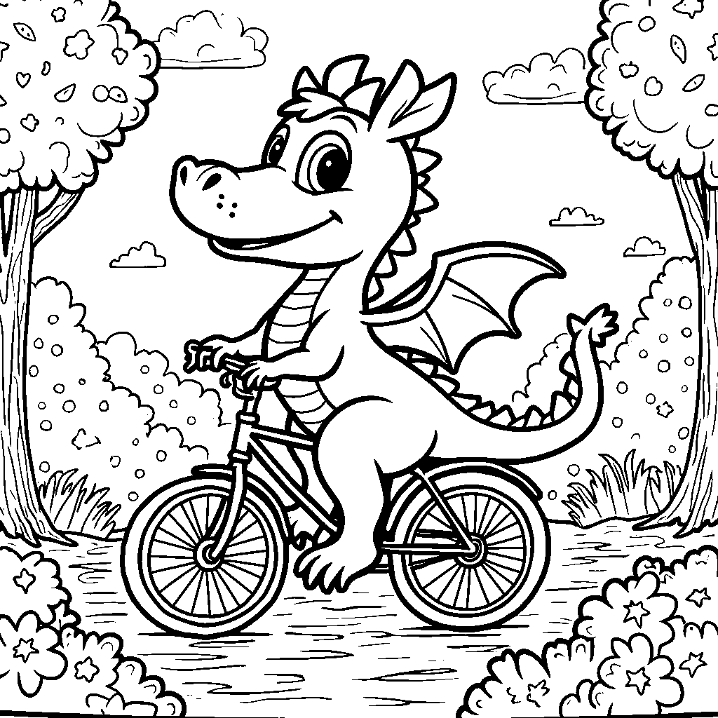 A dragon, riding a bike, with a park background