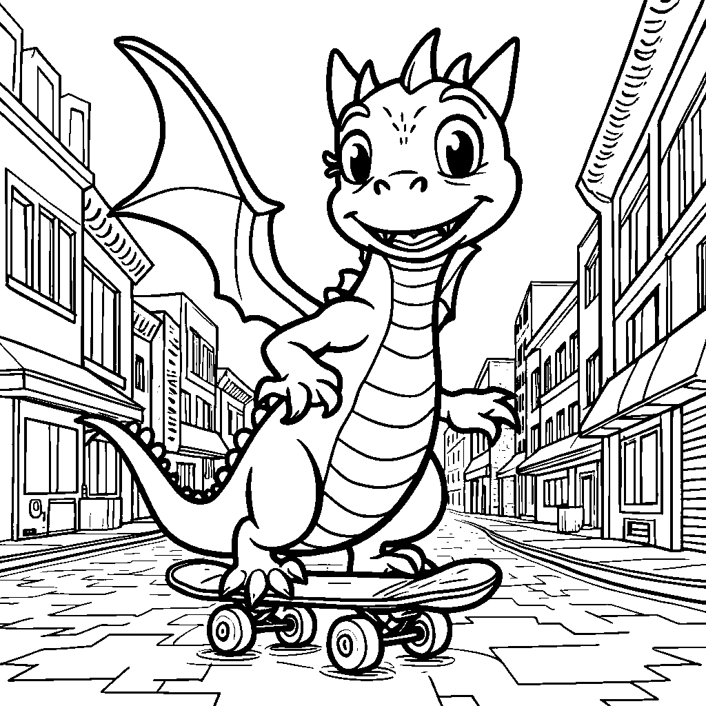 A dragon, riding a skateboard, with a city street behind