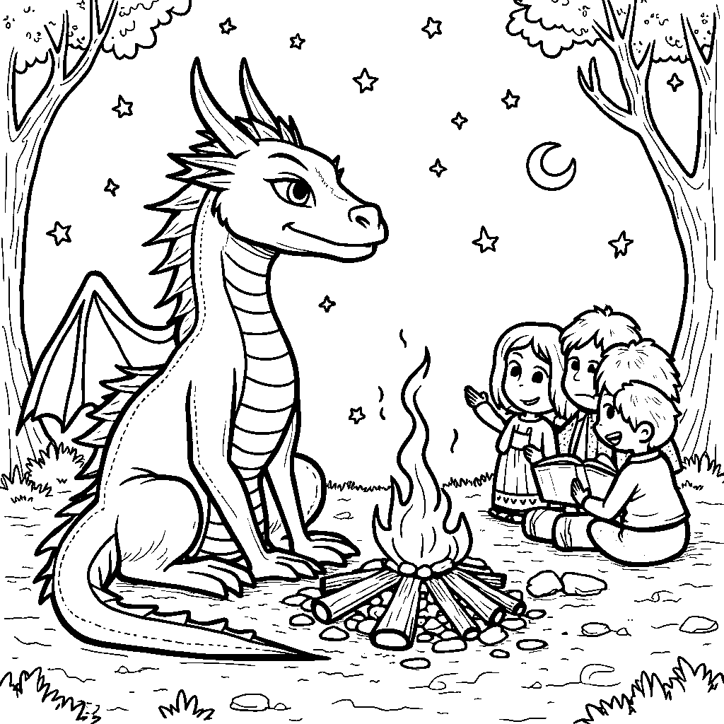 A dragon, telling a story, with a campfire background