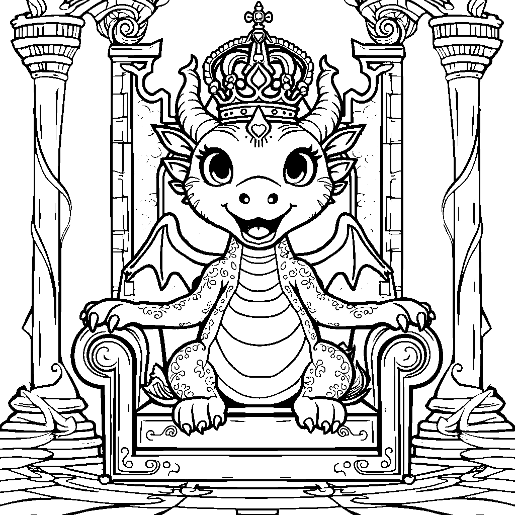 A dragon, wearing a crown, sitting on a throne, with a royal background