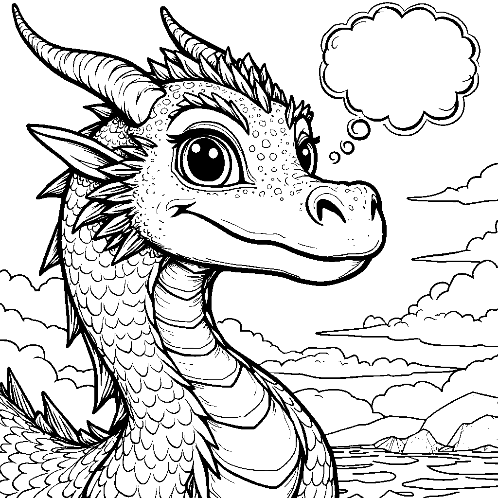 A dragon's face, with a thought bubble, thinking about its next adventure