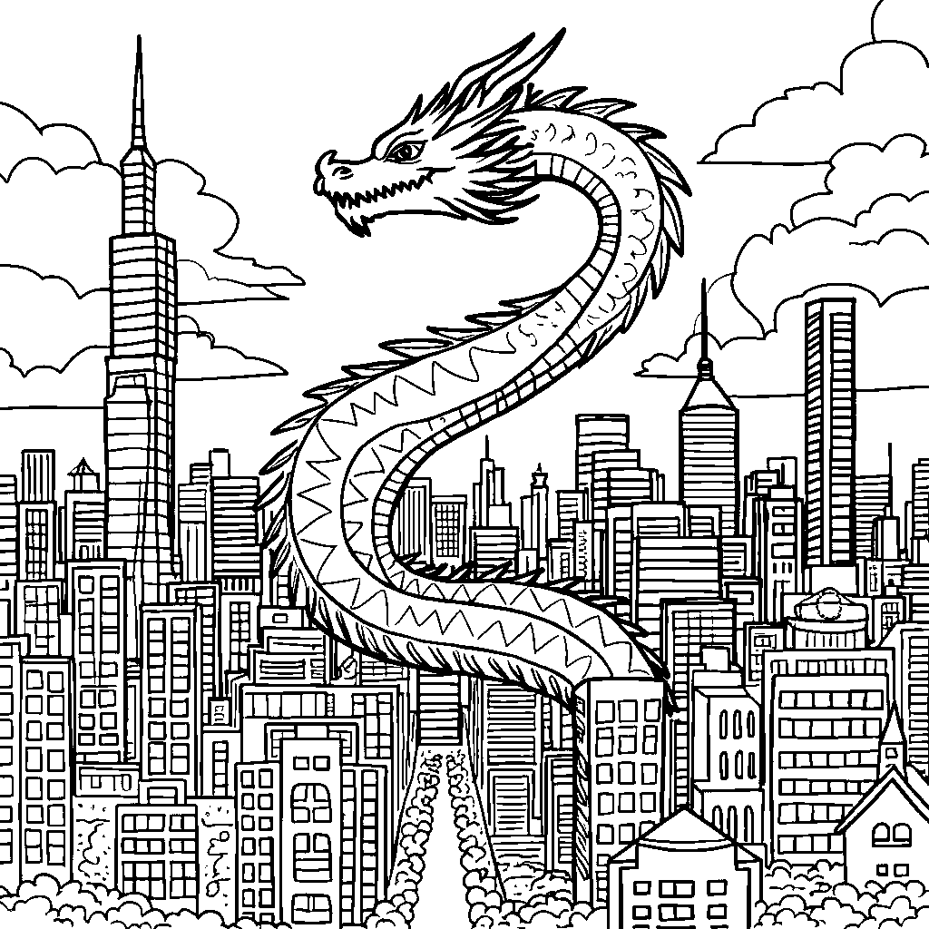 A dragon's tail, swishing back and forth, with a cityscape behind