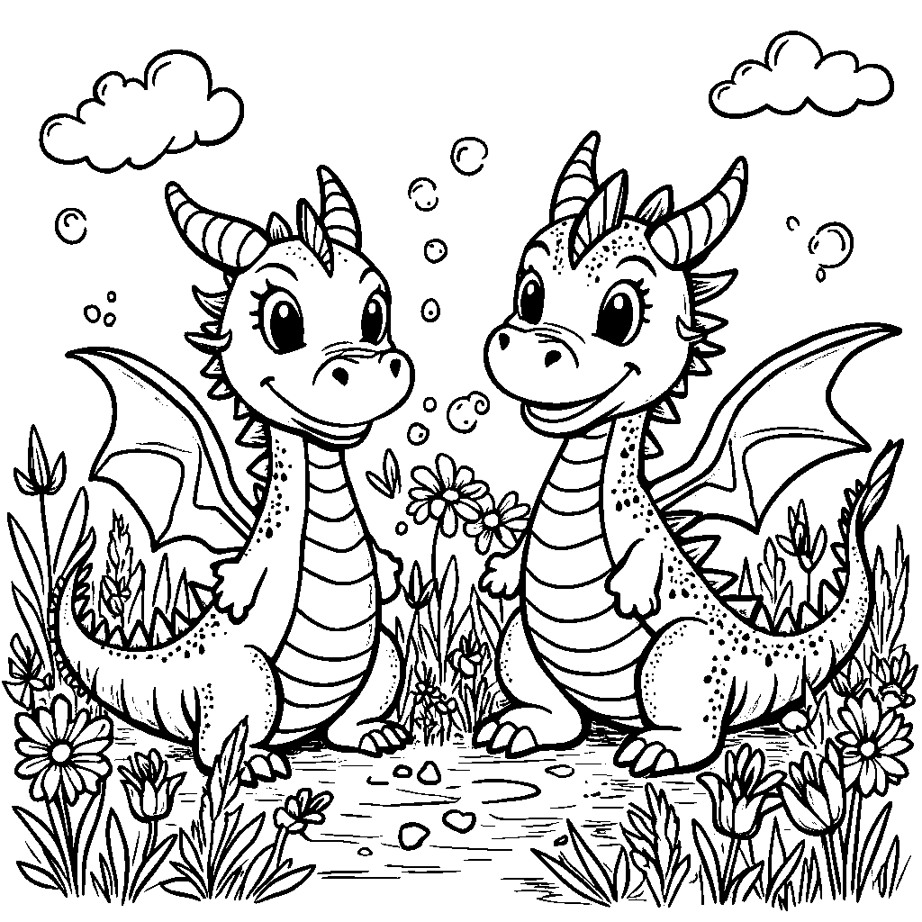 A group of dragons, playing together, in a sunny meadow