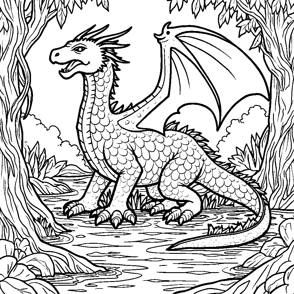 A MudWing dragon, stomping through a muddy swamp, with plants growing around it