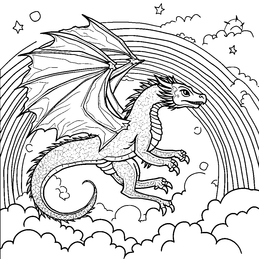 A RainWing dragon, flying through a colorful rainbow