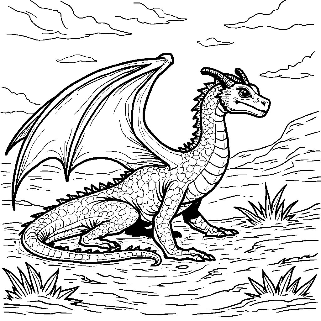 A SandWing dragon, burrowing through the sand, with a desert landscape behind