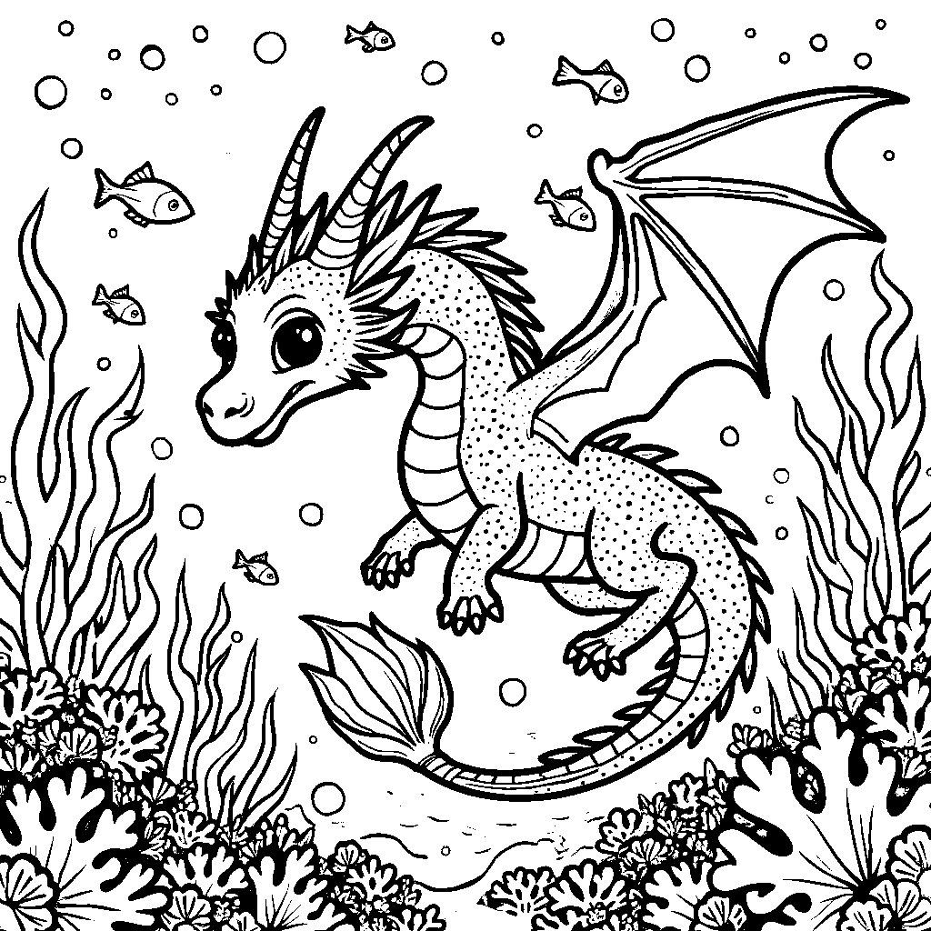 A SeaWing dragon, swimming through coral reefs, surrounded by fish