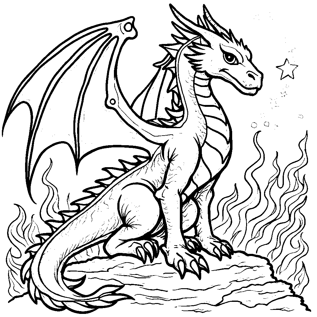 A SkyWing dragon, breathing fire, with flames surrounding it