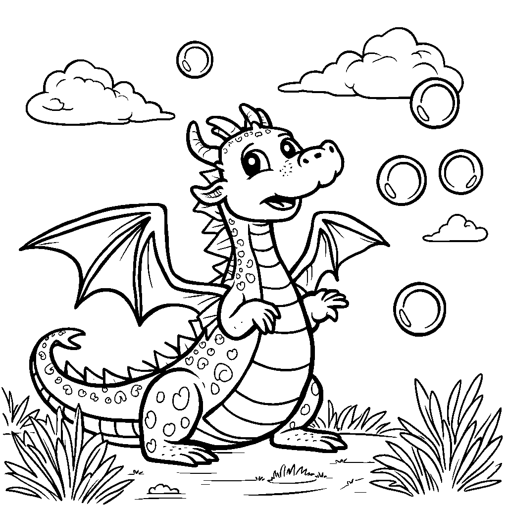 A dragon, blowing bubbles, with a fun, colorful background