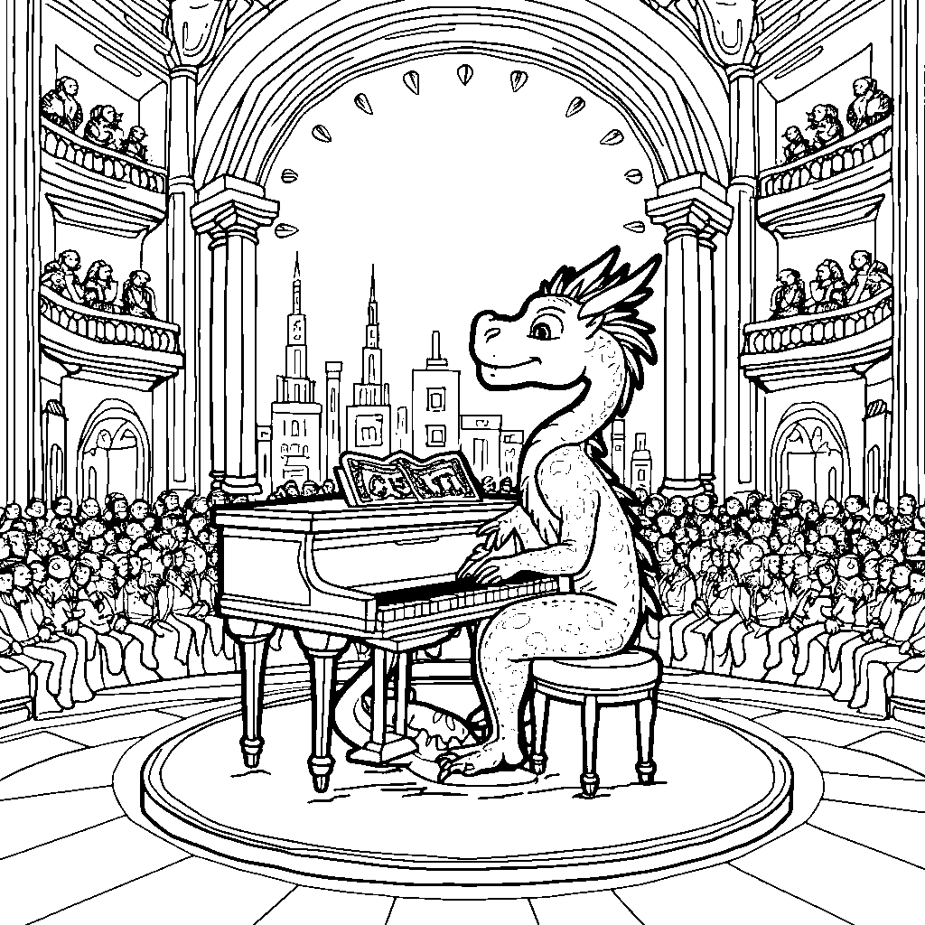 A dragon, playing a musical instrument, with a concert hall behind