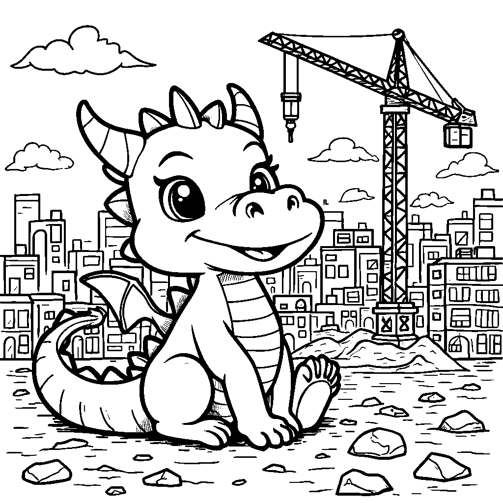 A dragon, playing with blocks, with a construction site behind