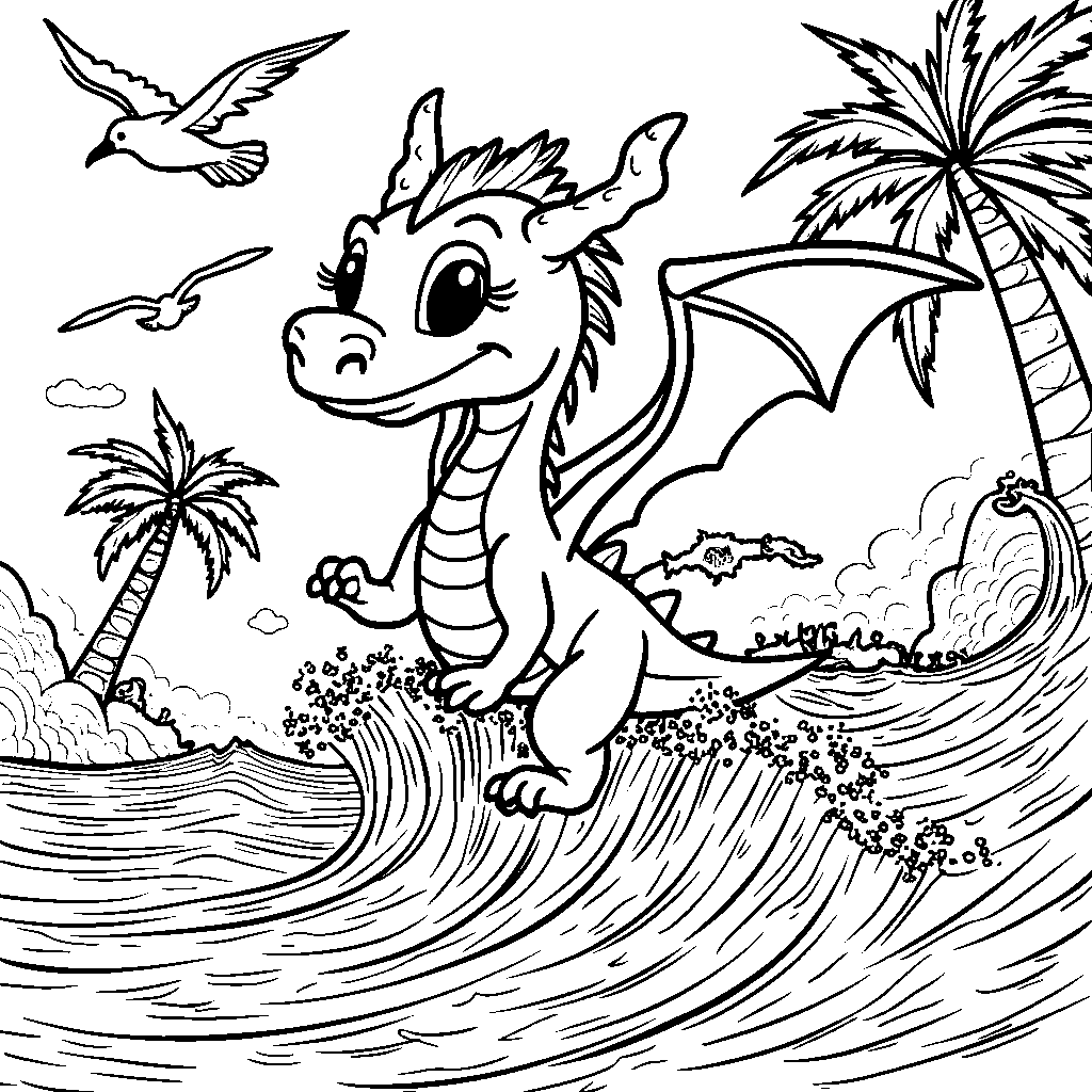 A dragon riding a wave, with a beach scene in the background