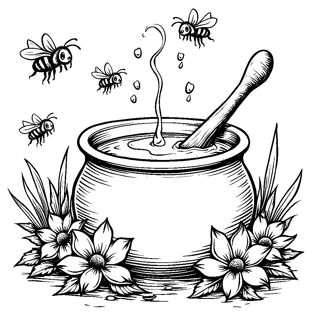 A big pot of honey with a spoon and a bee