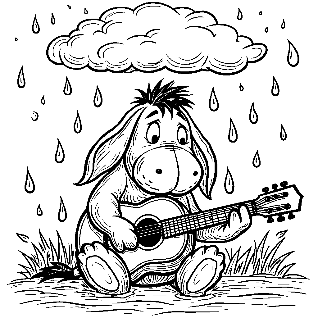 Eeyore playing the guitar under a rainy cloud