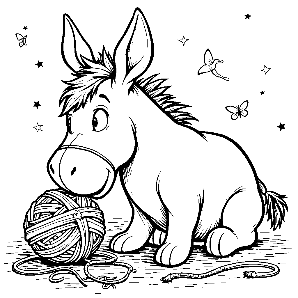 Eeyore playing with a ball of yarn