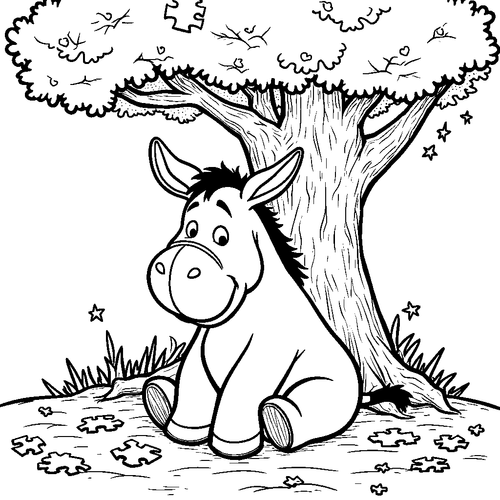 Eeyore playing with a puzzle under a tree