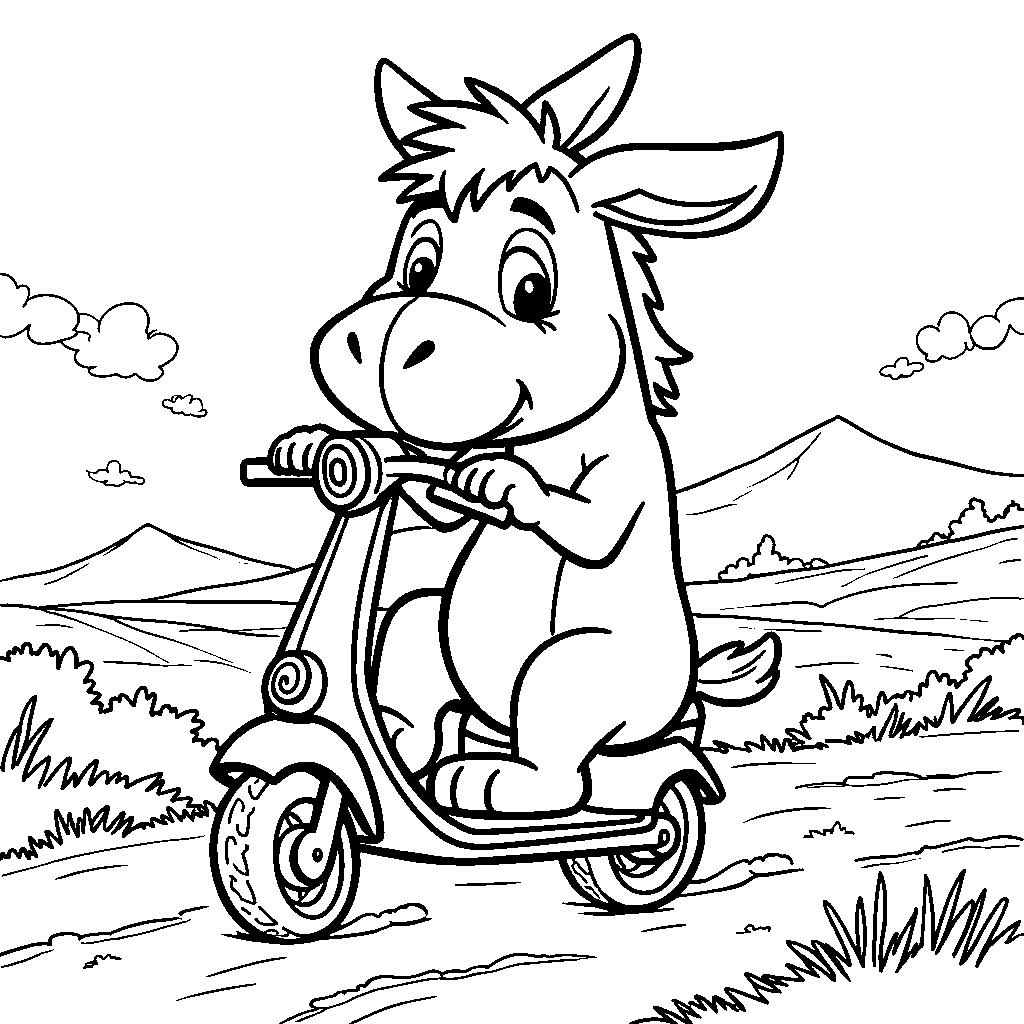 Eeyore riding a scooter down a hill