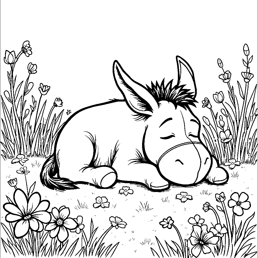 Eeyore taking a nap in a field of flowers