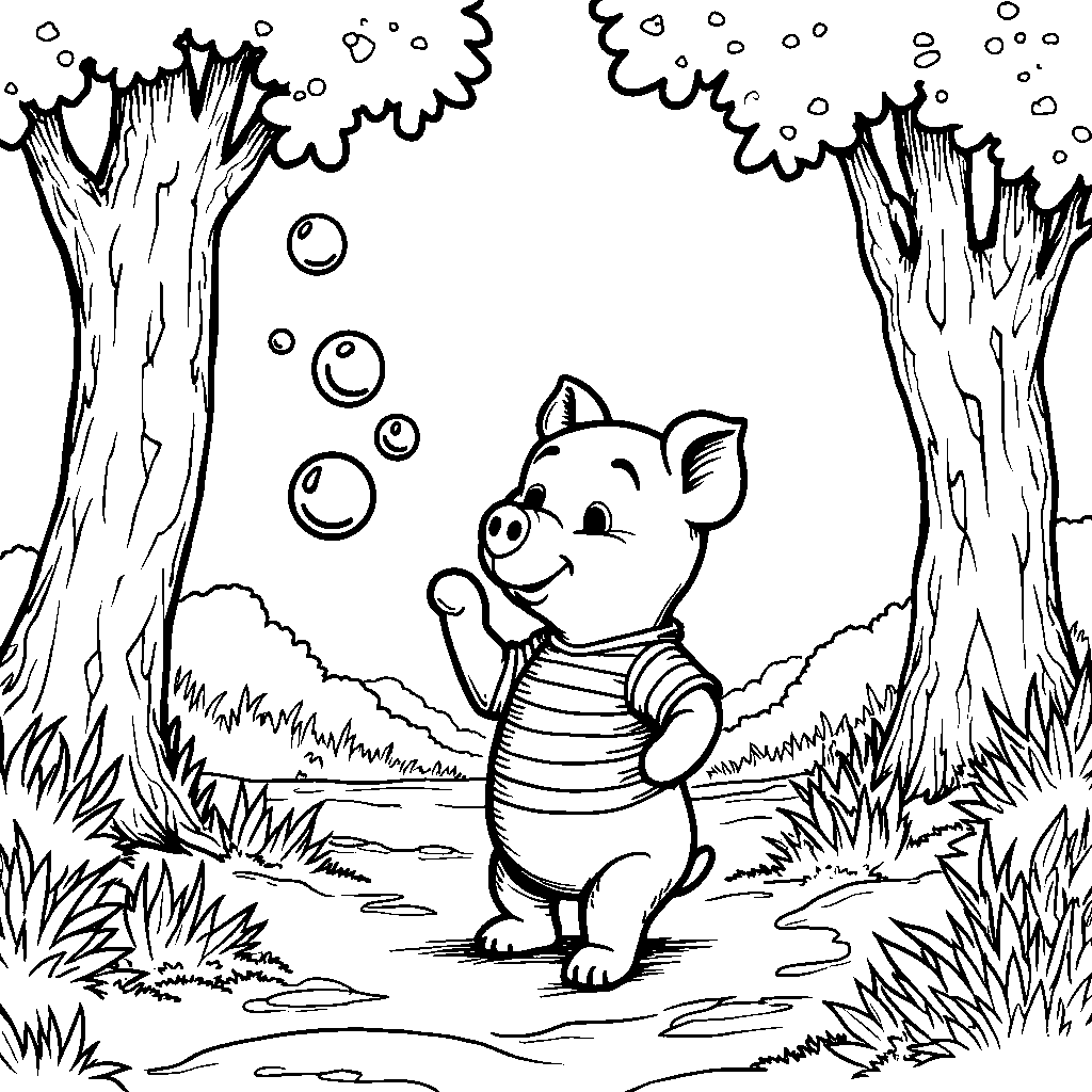 Piglet blowing bubbles in the forest