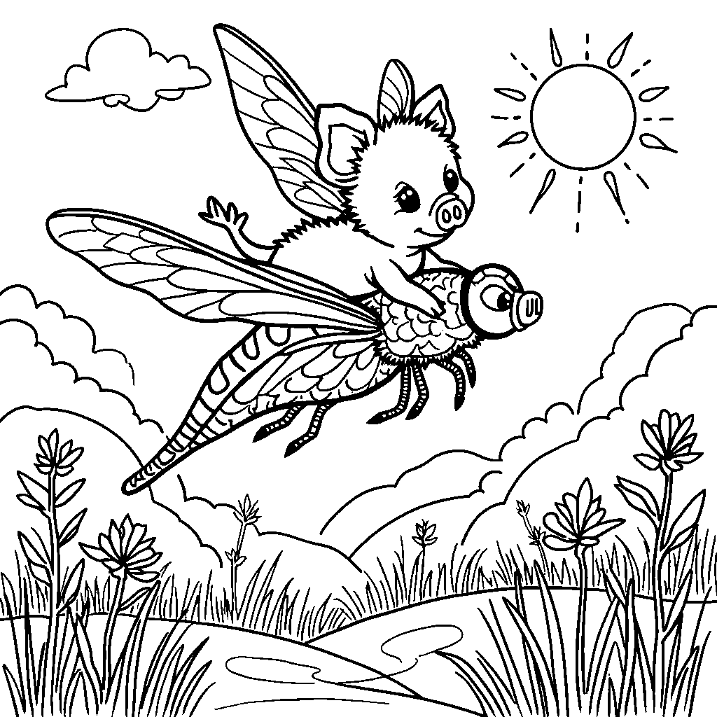 Piglet riding on the back of a dragonfly