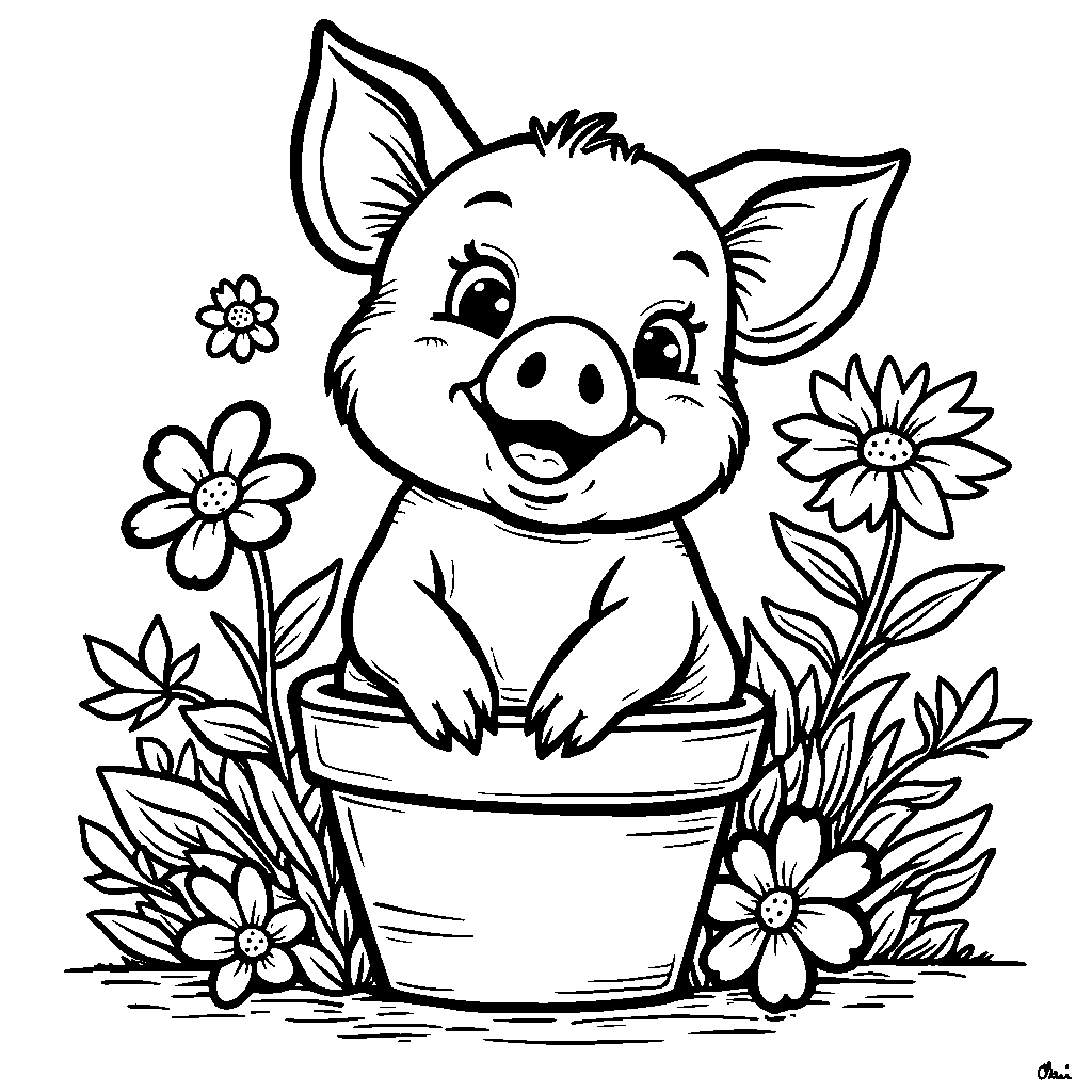 Piglet sitting in a flower pot with a big smile