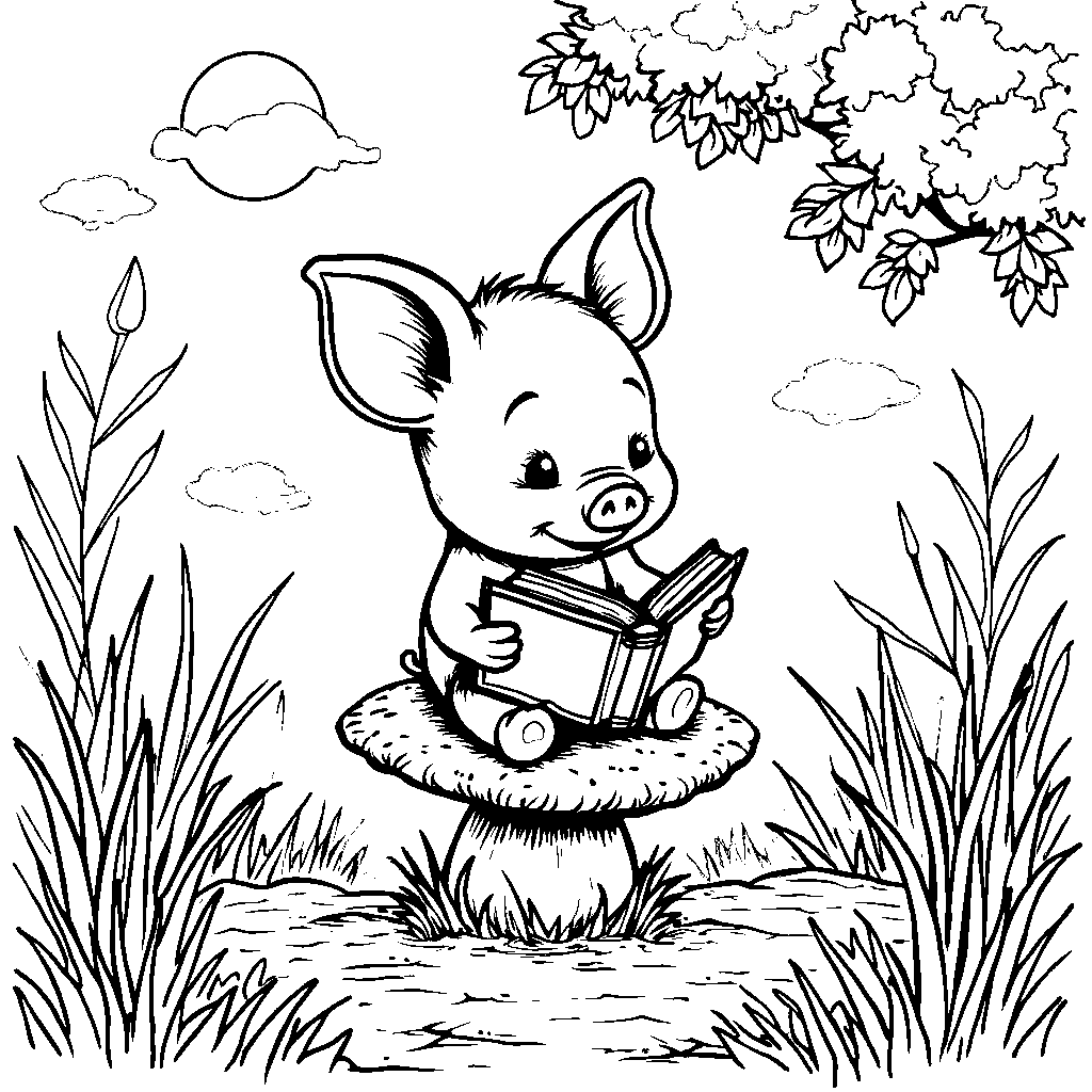 Piglet sitting on a mushroom reading a book