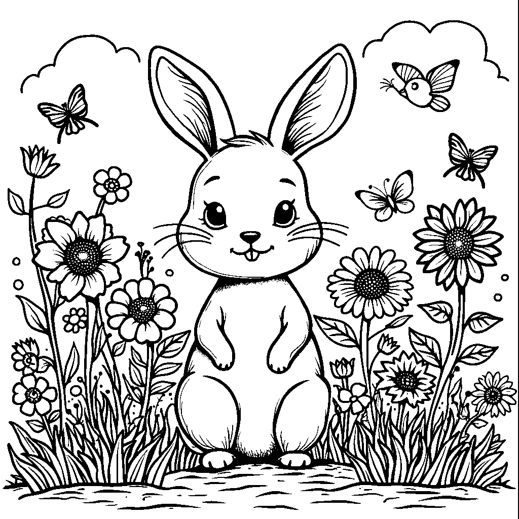 Rabbit's garden with colorful flowers