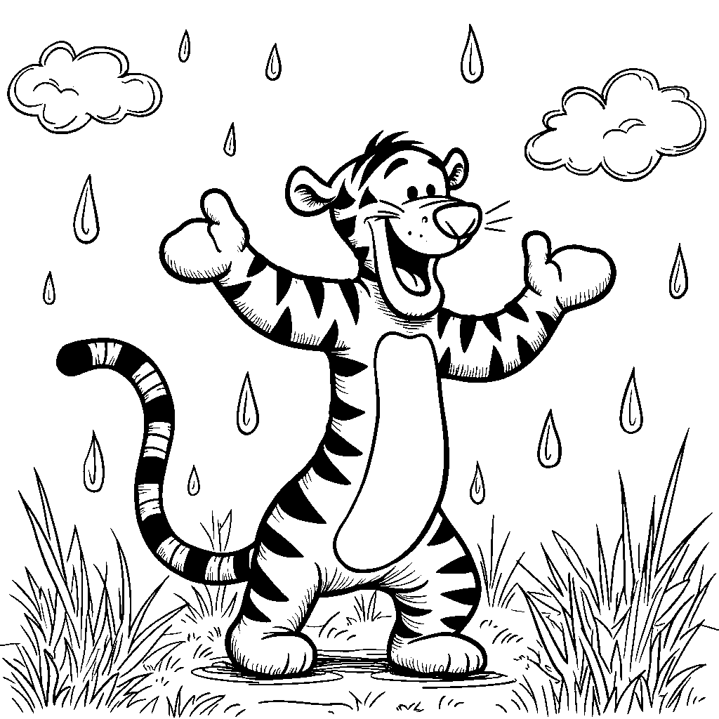 Tigger doing a happy dance in the rain