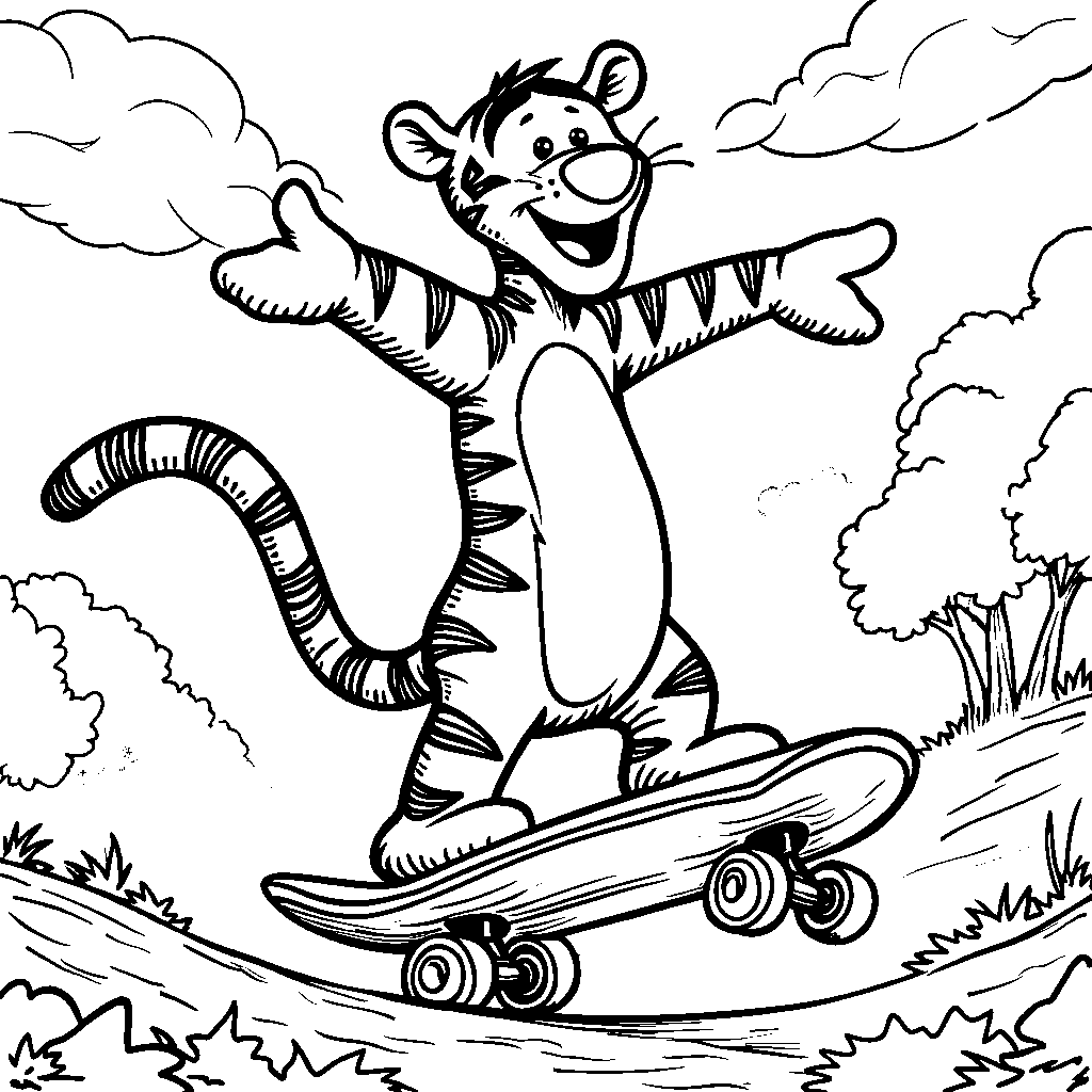 Tigger riding a skateboard down a hill