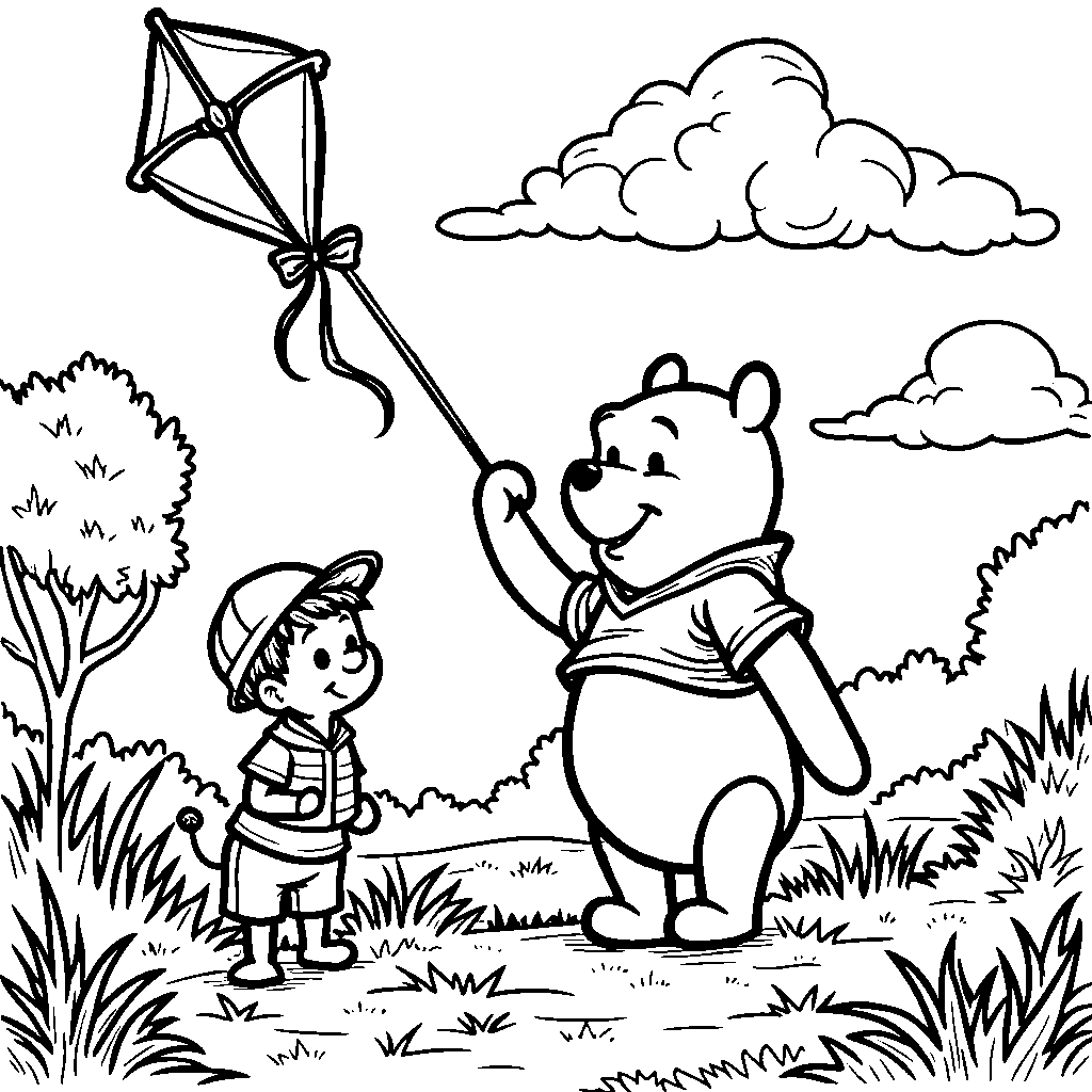 Winnie the Pooh and Christopher Robin flying a kite