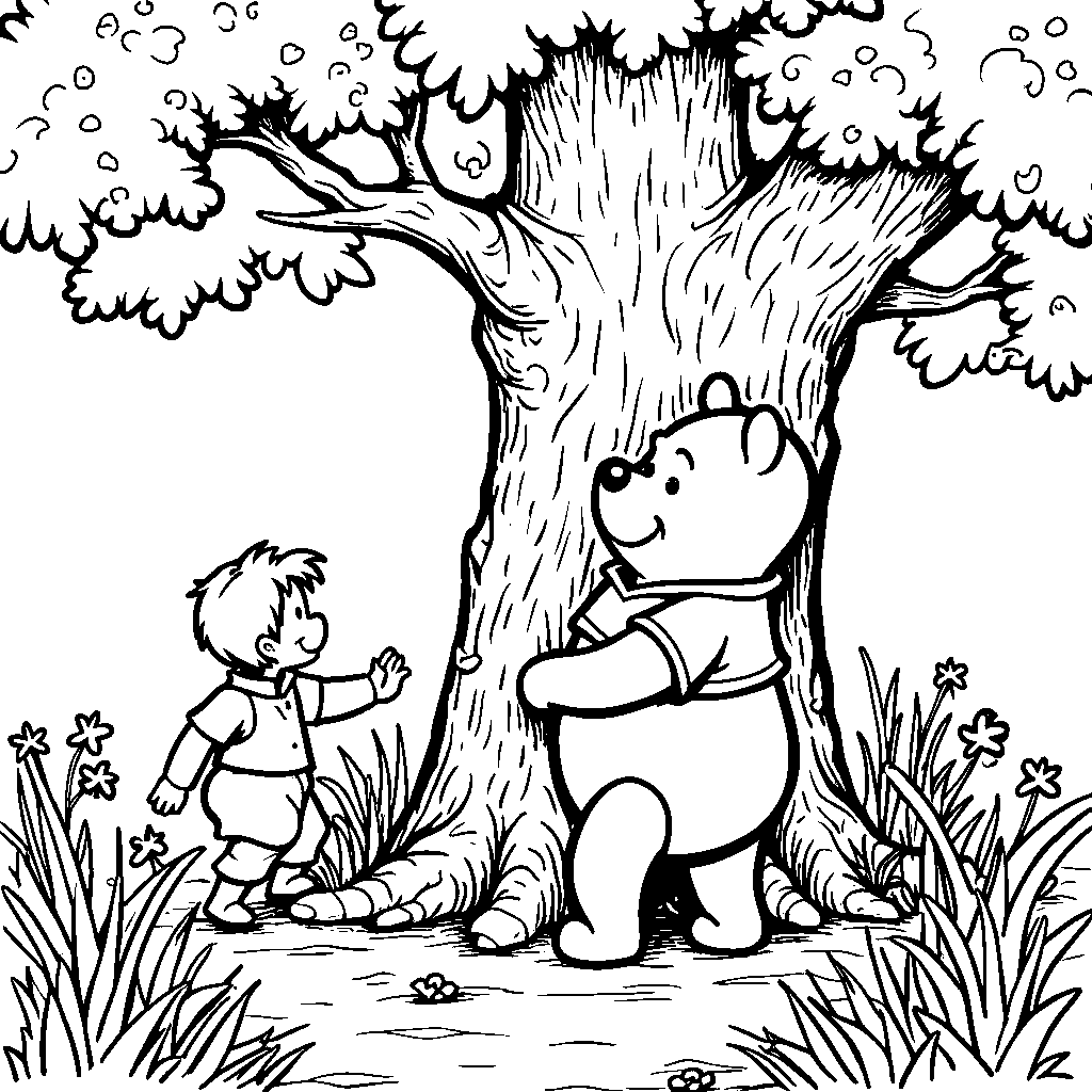 Winnie the Pooh and Christopher Robin playing hide-and-seek