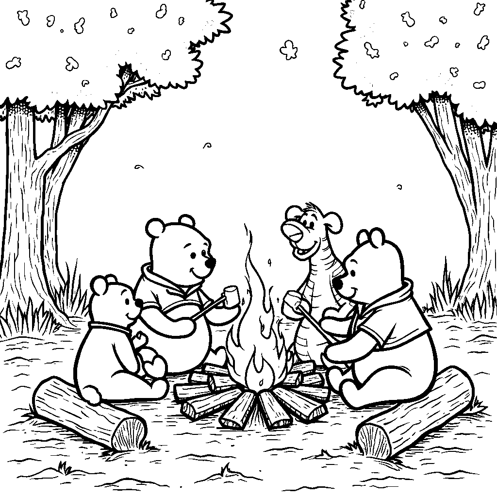 Winnie the Pooh and his friends having a big campfire