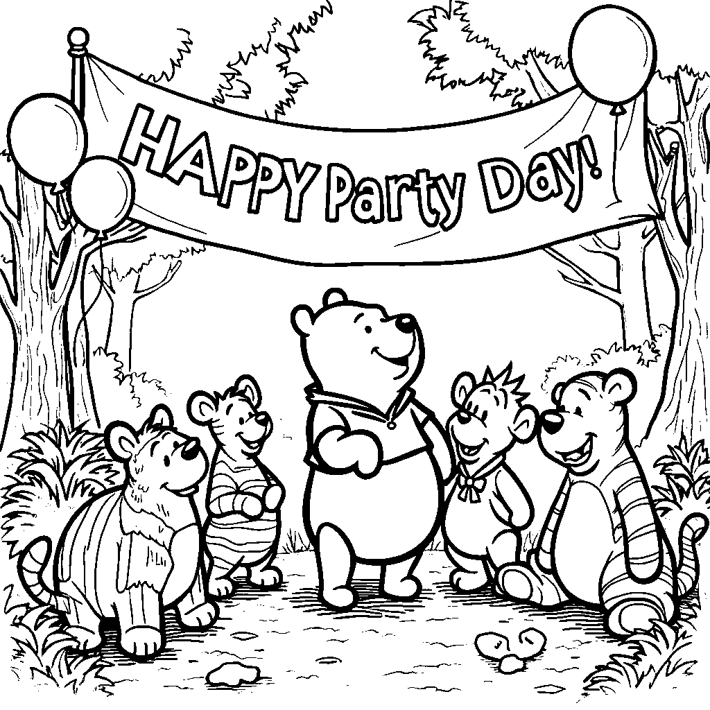 Winnie the Pooh and his friends having a big party