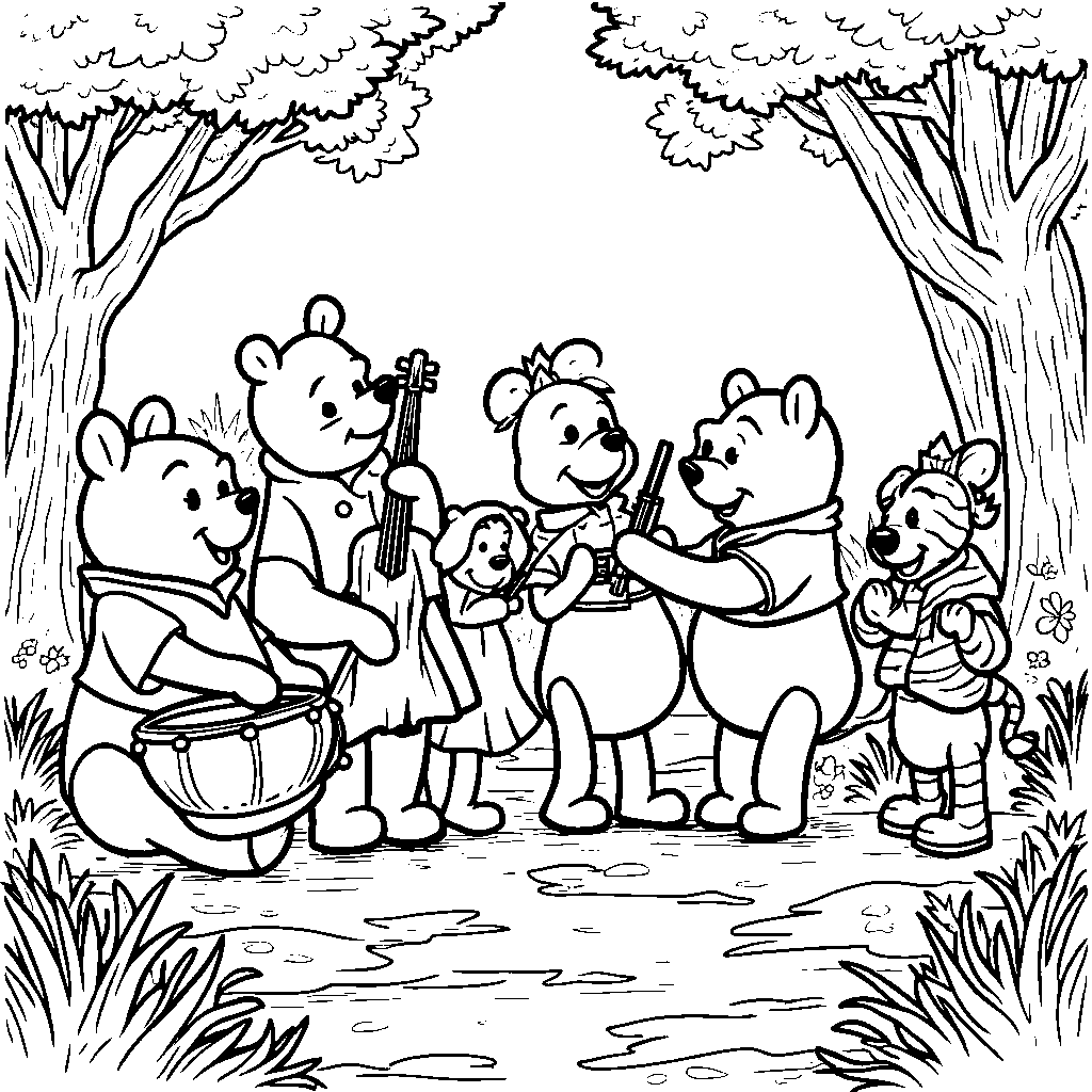 Winnie the Pooh and his friends playing musical instruments