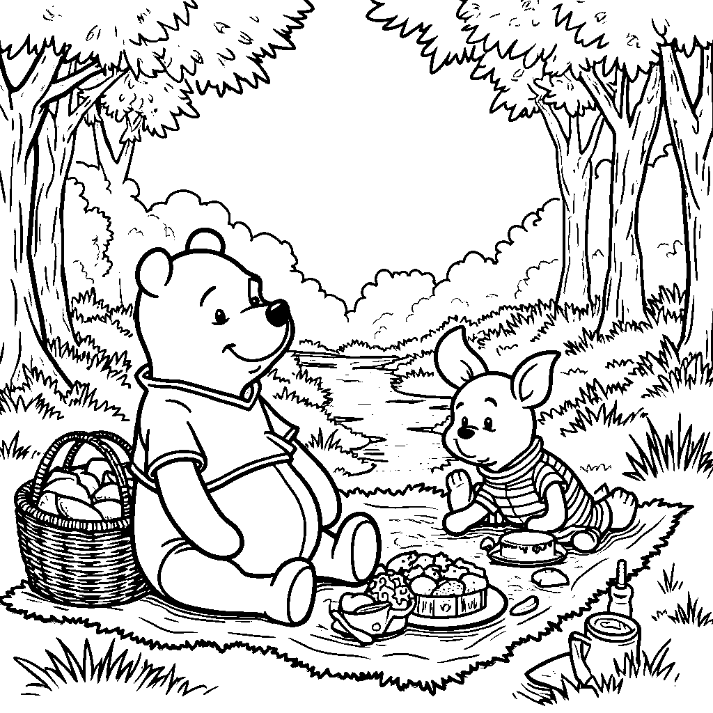 Winnie the Pooh and Piglet having a picnic