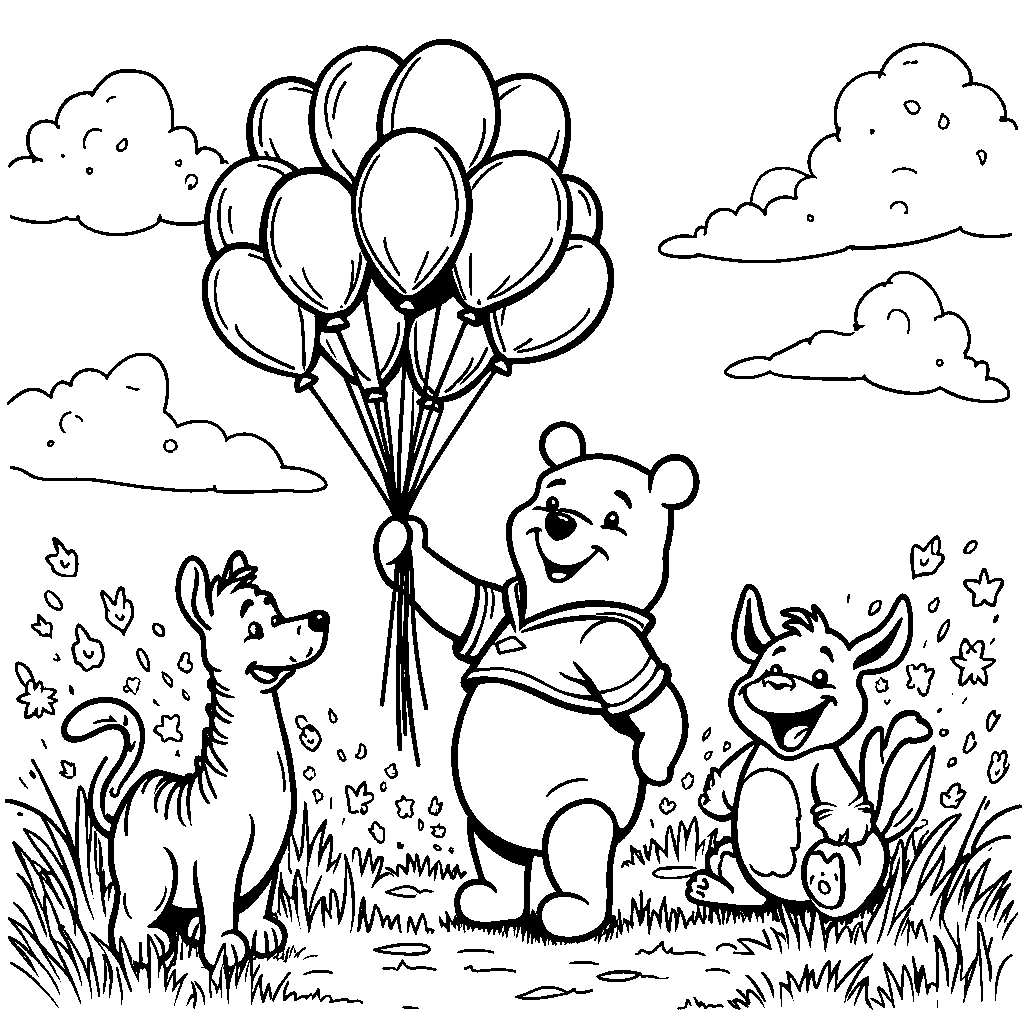 Winnie the Pooh holding a big bunch of balloons