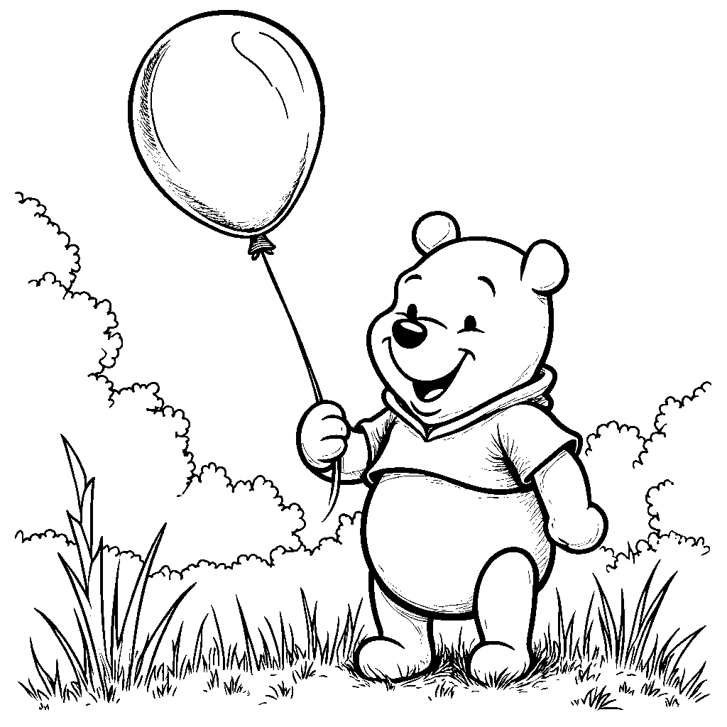 Winnie the Pooh holding a big red balloon