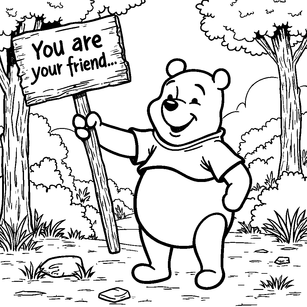 Winnie the Pooh holding a sign that says 'You are my friend'