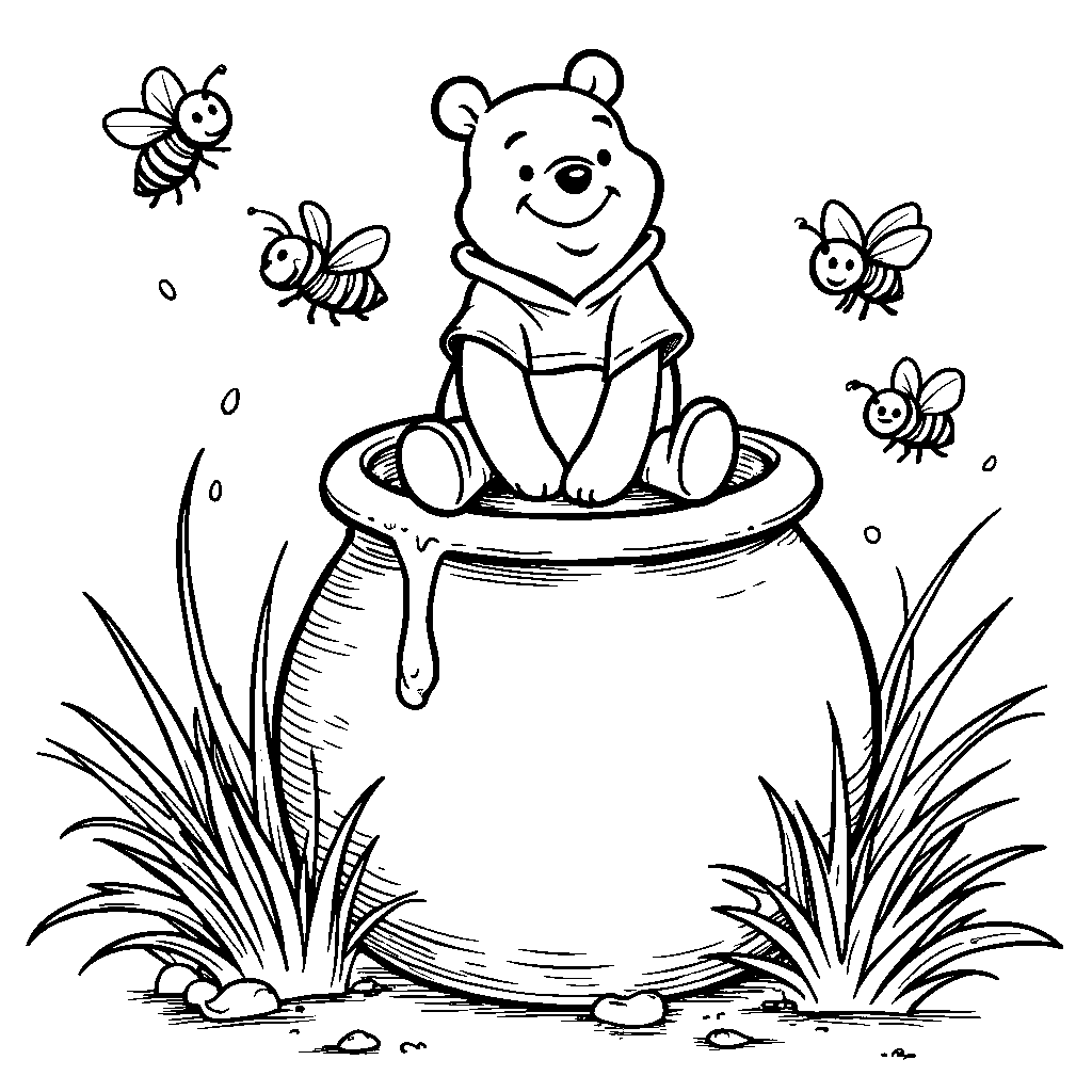 Winnie the Pooh sitting on a honey pot