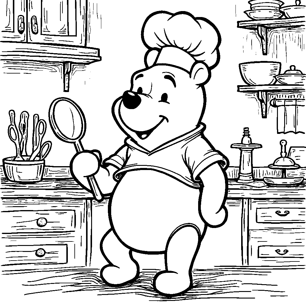 Winnie the Pooh wearing a chef's hat and holding a spoon