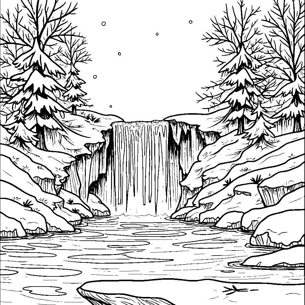 Frozen waterfall with icicles hanging down