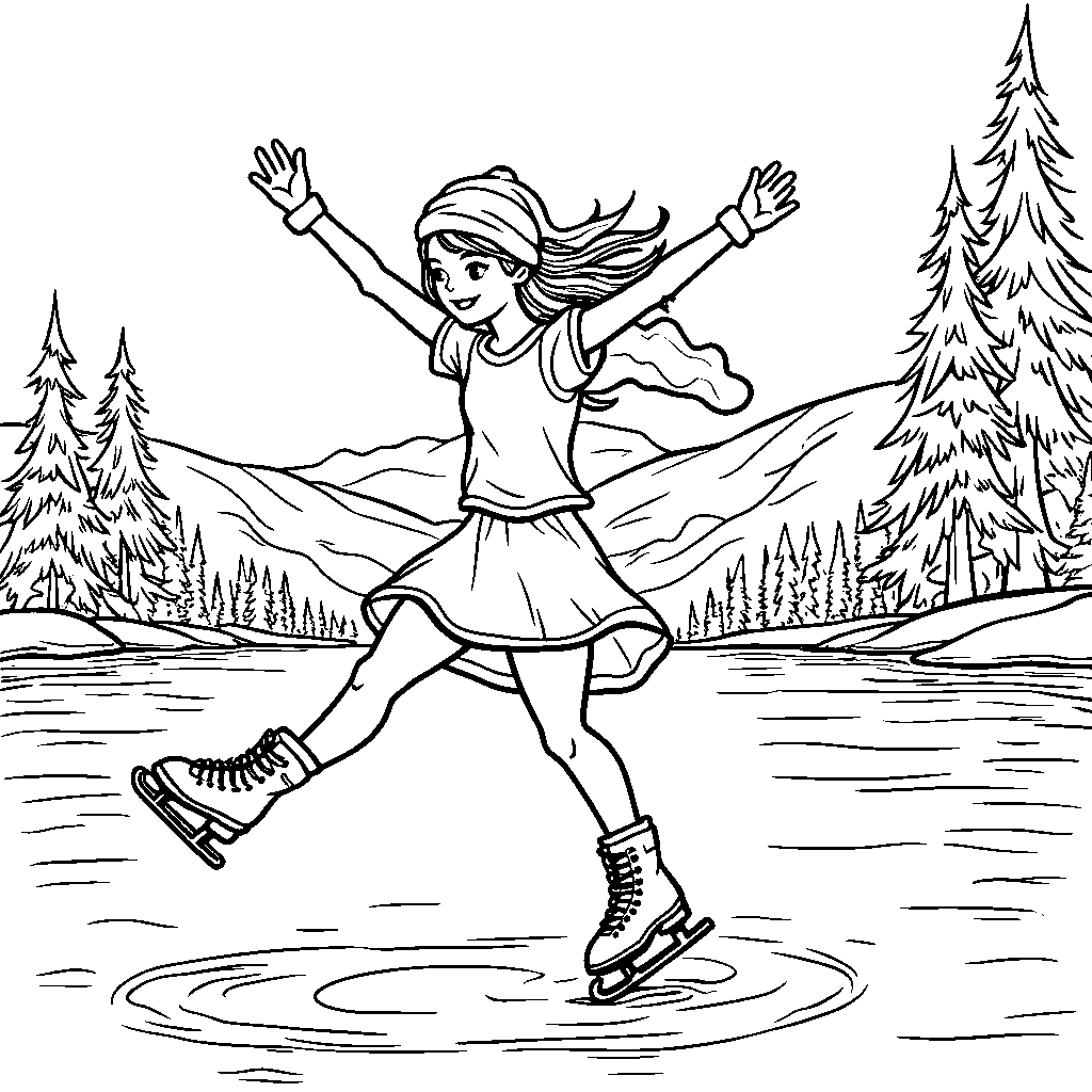 Ice skater twirling on a frozen lake