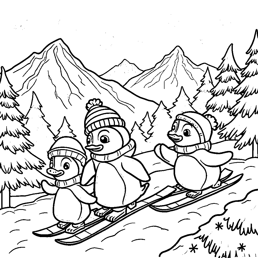 Icy mountain landscape with skiing penguins