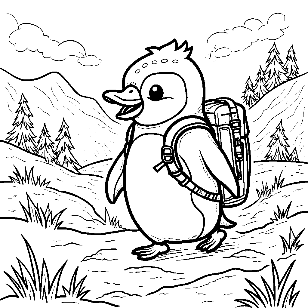 Penguin waddling through the snow with a backpack