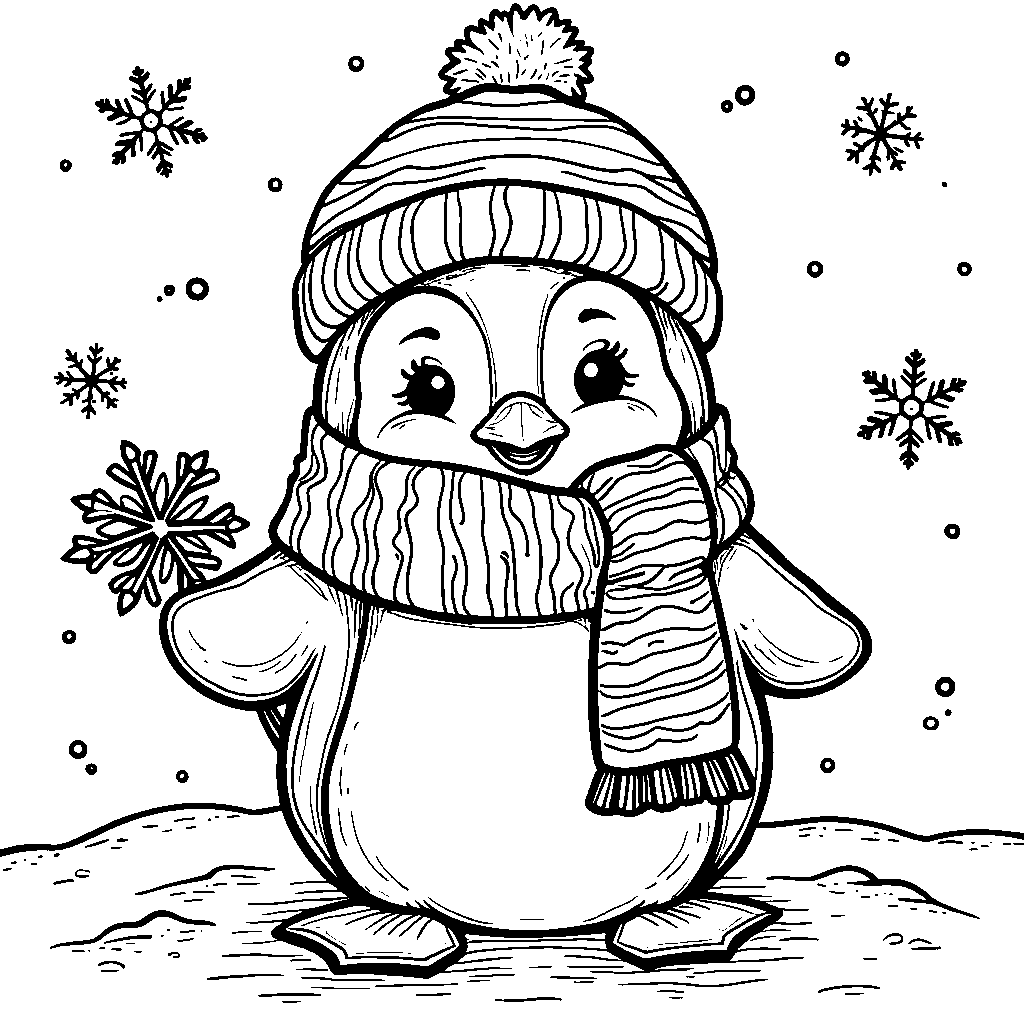 Penguin wearing a scarf and holding a snowflake