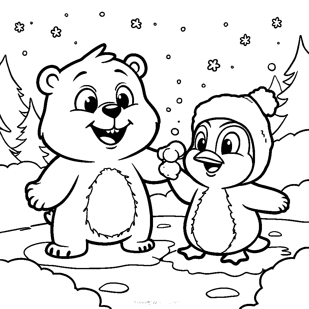 Polar bear and penguin having a snowball fight