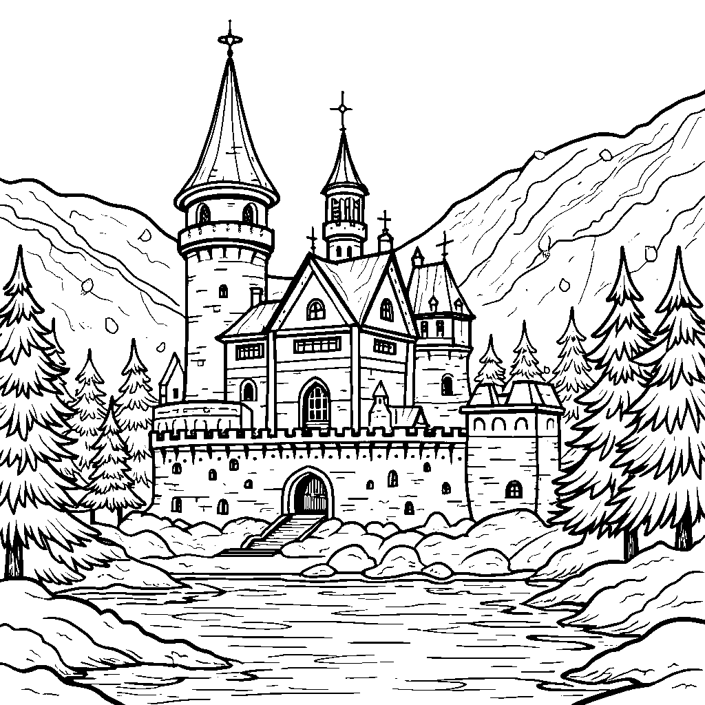 Snow-covered castle with towers and a moat