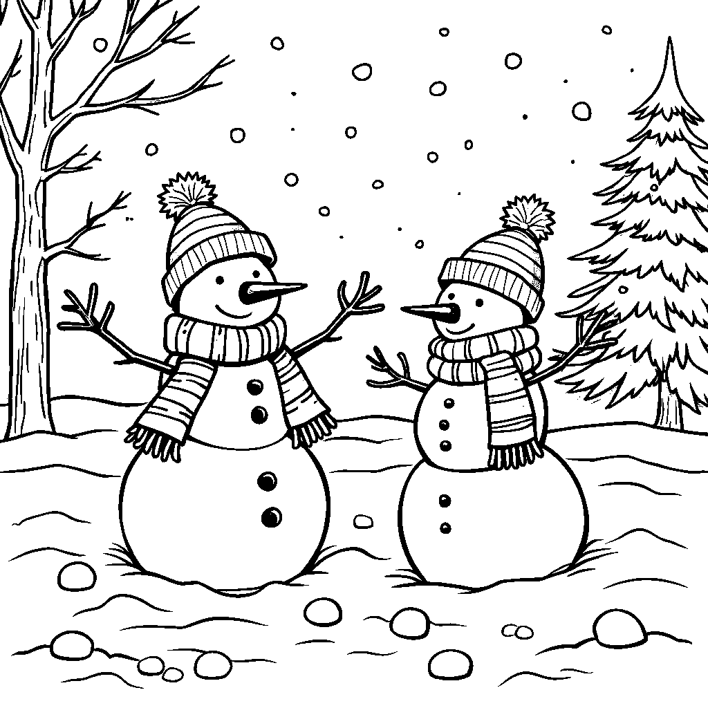 Snowman family having a snowball fight