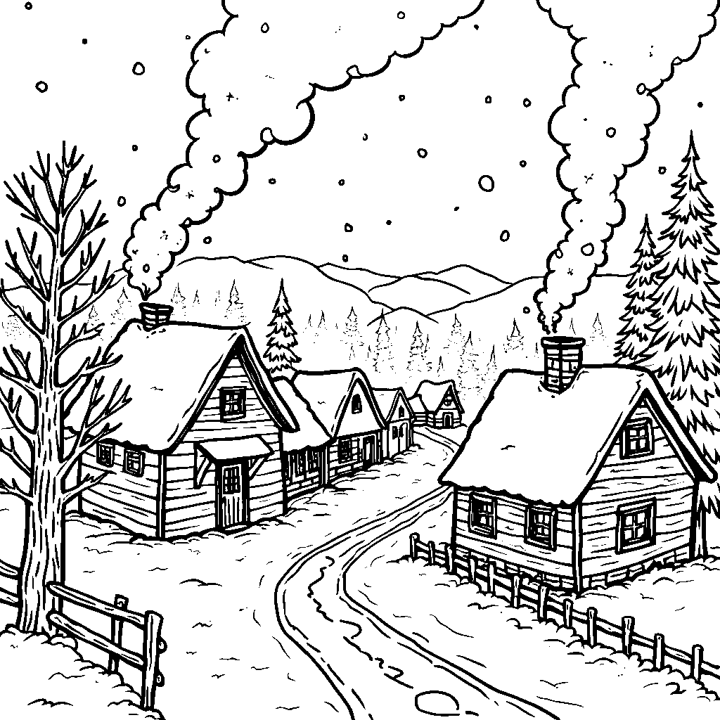 Snowy village with cottages and smoke coming out of chimneys